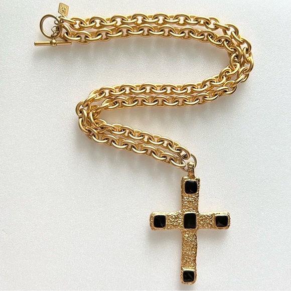 Anne Klein Byzantine Black Enamel Cross Matte Gold Tone Chain Necklace 28” - Picture 4 of 9